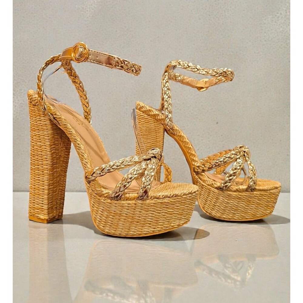 Gold Braided Raffia Platform Heels With Ankle Strap Block Heel